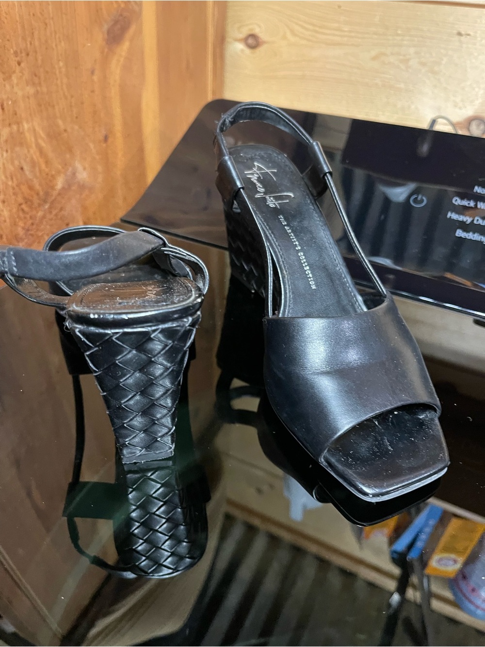 Franco Sarto The Artist Collection Black Woven Block Wedge Heels Missing stone